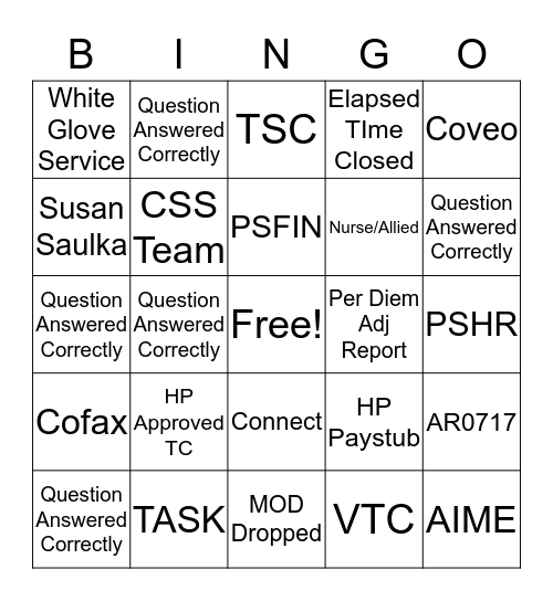 Verbal Timecard BINGO Card