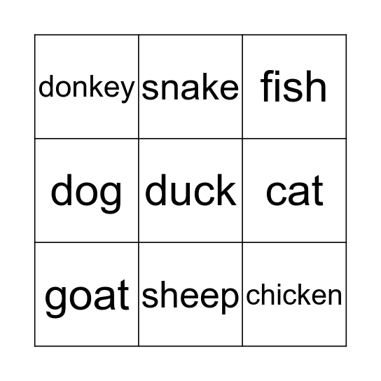 Animals Bingo Card
