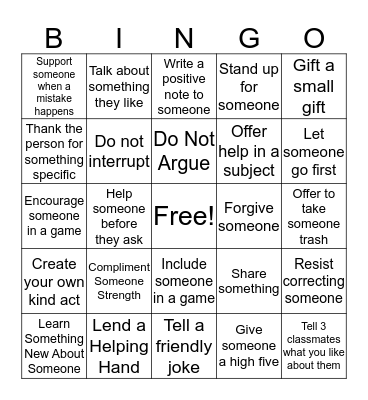 Kindness Challenge Bingo Card