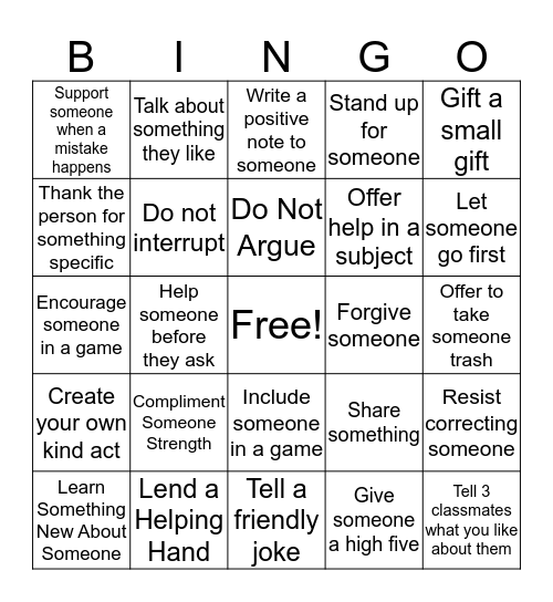 Kindness Challenge Bingo Card