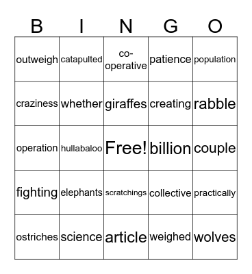 THE ANTS VERSUS THE ANIMAL KINGDOM Bingo Card