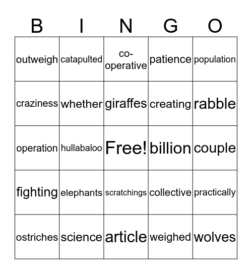 THE ANTS VERSUS THE ANIMAL KINGDOM Bingo Card