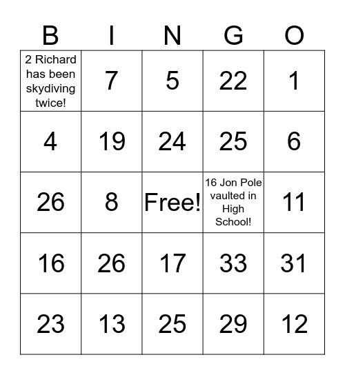 Fun Facts Bingo Card