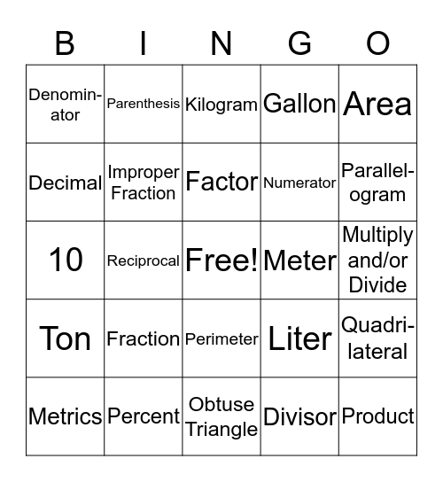 MATH Bingo Card