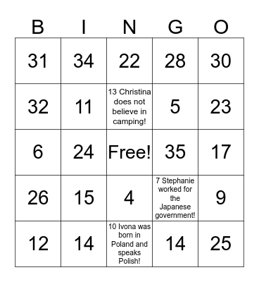 Fun Facts Bingo Card