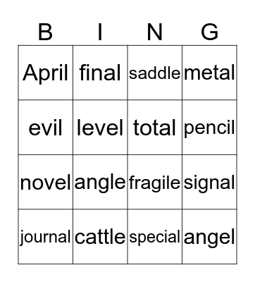 Unaccented Final Syllable Bingo Card