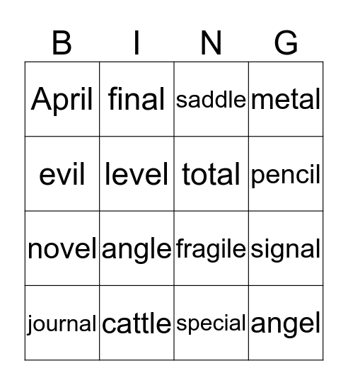 Unaccented Final Syllable Bingo Card
