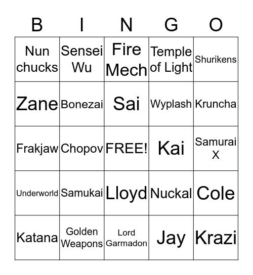 NINJAGO Bingo Card