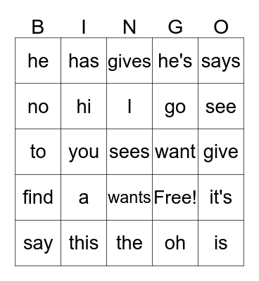 Sight Words Bingo Card
