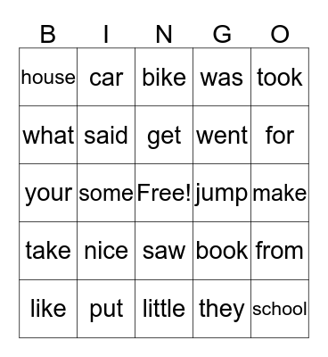 Site Word Bingo Card