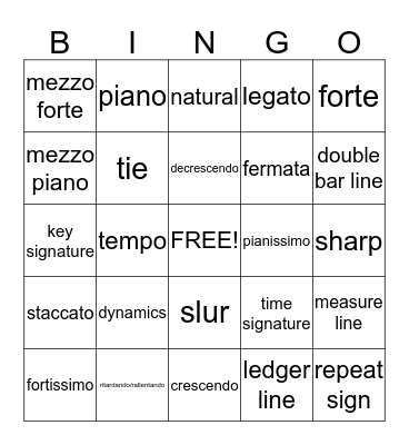 Music Vocabulary Bingo Card