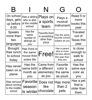 Creekside Park Junior High School Bingo Card