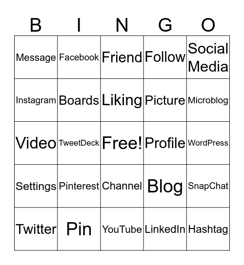 Social Media Bingo Card