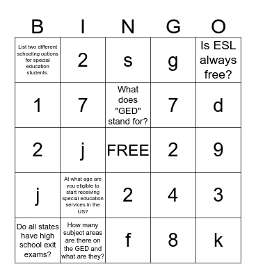 US Education Bingo Card