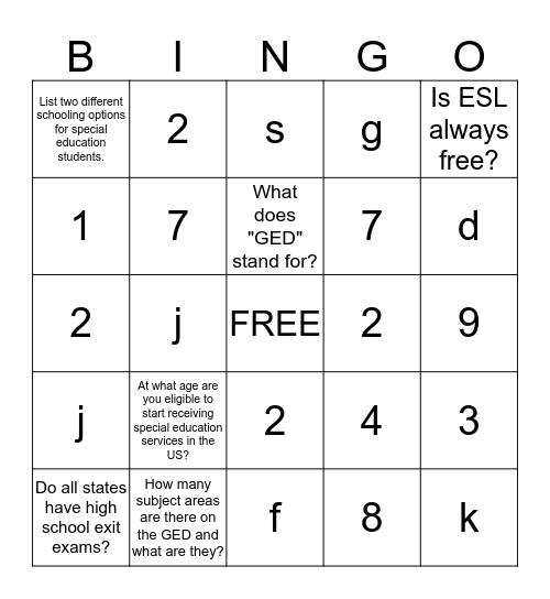 US Education Bingo Card