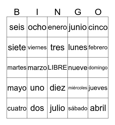 Days, Months, Numbers 1-10 Bingo Card