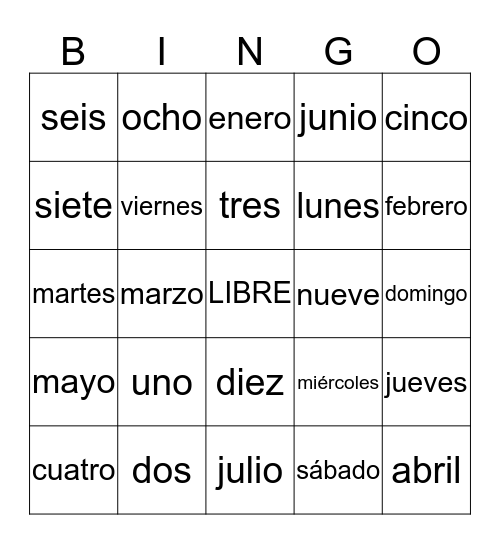 Days, Months, Numbers 1-10 Bingo Card
