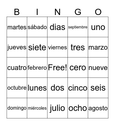 Numbers, months, and days in Spanish Bingo Card