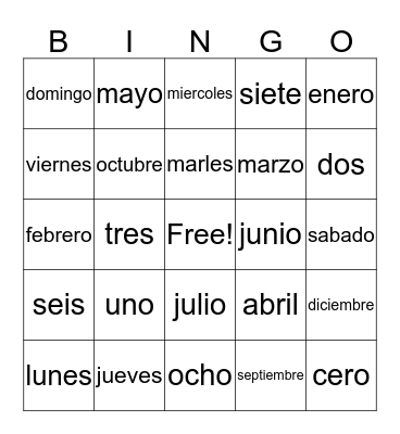 Days, Months, Numbers 1-10   Bingo Card