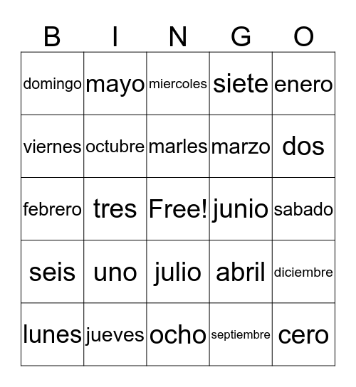 Days, Months, Numbers 1-10   Bingo Card