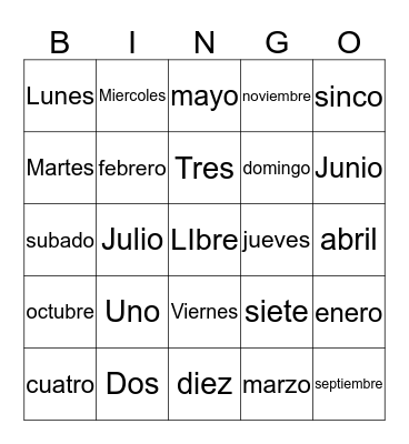 Days, Months, Numbers 1-10 Bingo Card