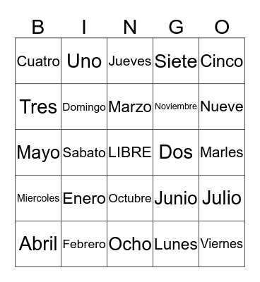Days, Months, Numbers 1-10 Bingo Card