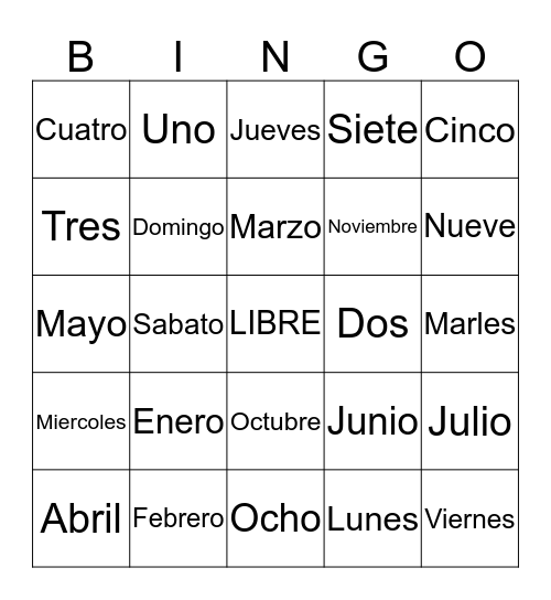 Days, Months, Numbers 1-10 Bingo Card