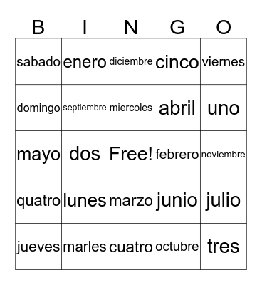days,months,numbers 1-10 Bingo Card