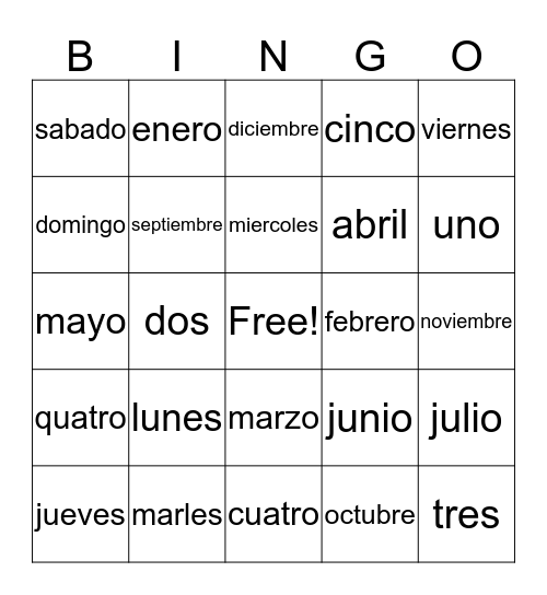 days,months,numbers 1-10 Bingo Card
