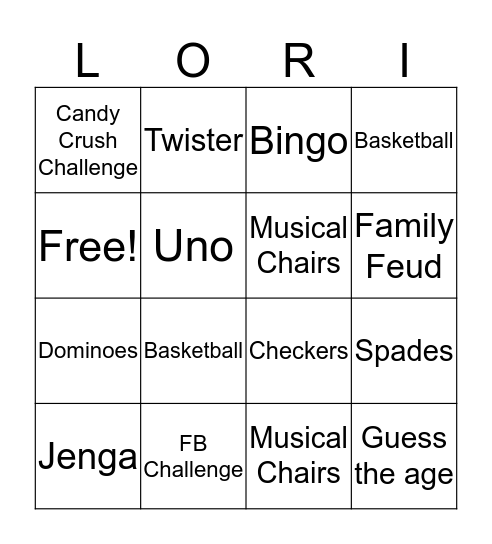 Lori's Birthday Game Night Bingo Card