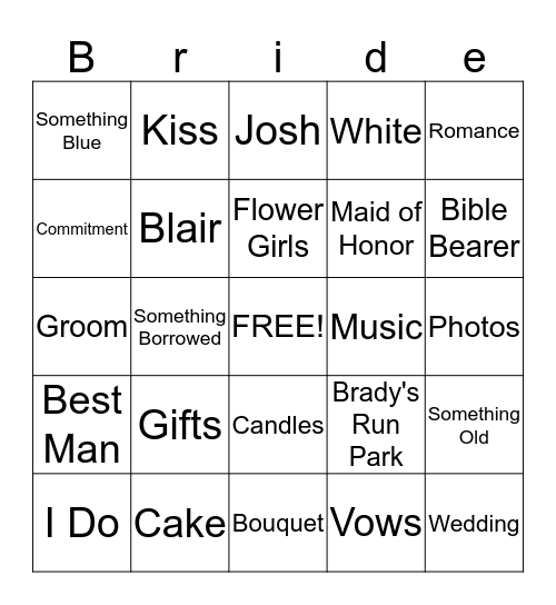 Blair's Bridal Shower Bingo Card