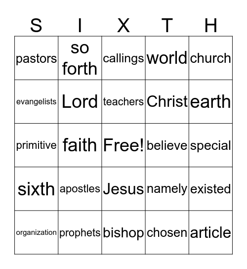 6th Article of Faith Bingo Card