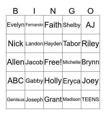 Teen Bingo Card