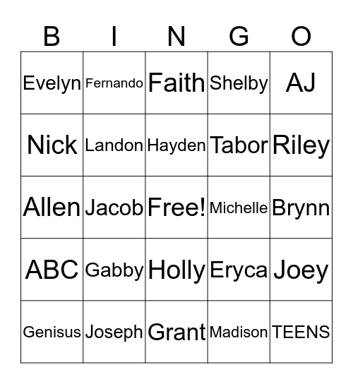 Teen Bingo Card