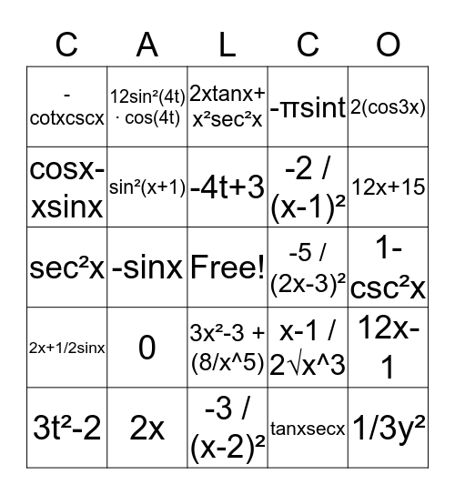 AP CALCULUS AB "CALCO" Bingo Card