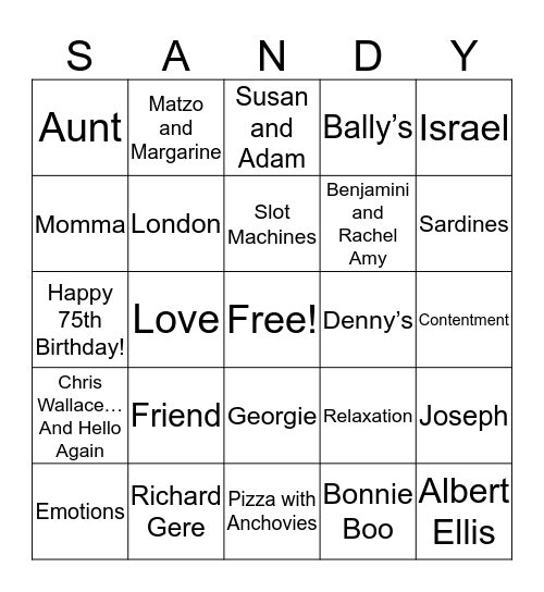 SANDY BINGO Card