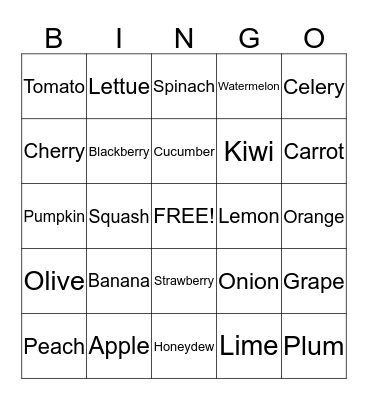 Fruits and Vegetables Bingo Card