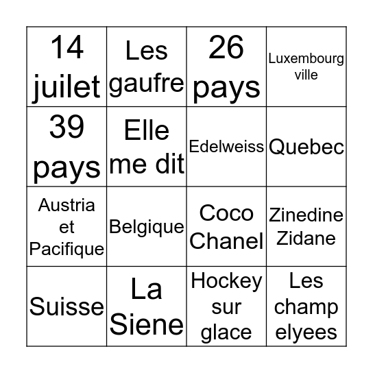 Culture Francophone Bingo Card