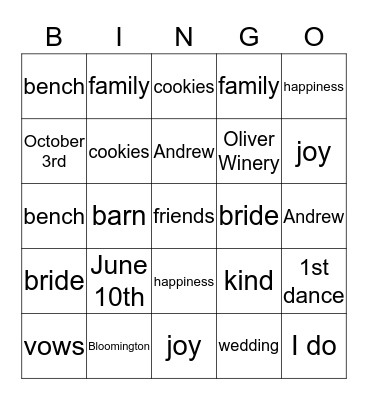 Lauren and Andrew's Wedding Bingo Card