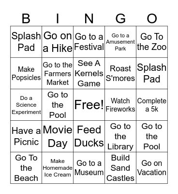 Summer Bucket List Bingo Card