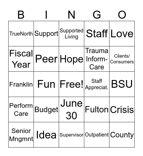 F/F Supervisor Meeting Bingo Card