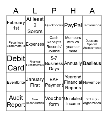 Financial Fundamentals ALPHA Bingo * Bingo Card