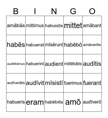 Latin I Verb Bingo Card