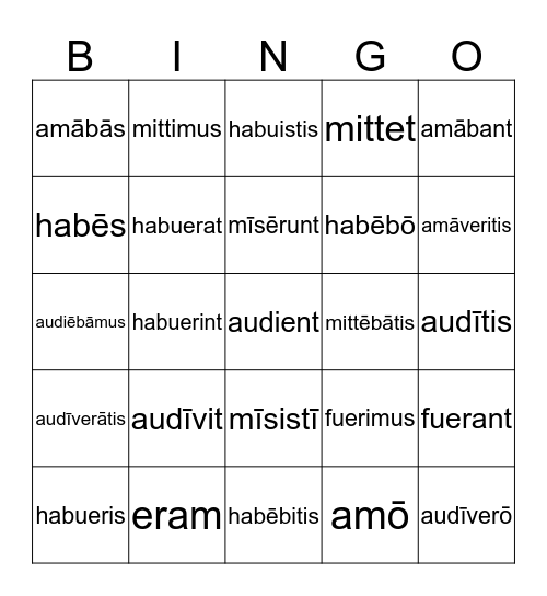 Latin I Verb Bingo Card