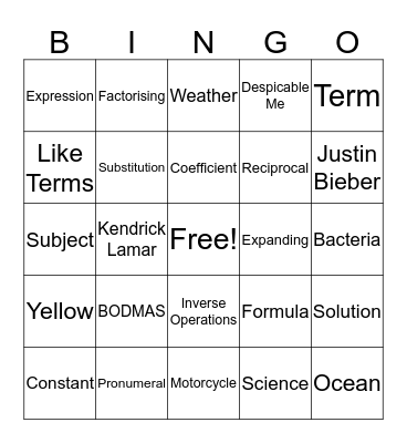 Year 8 Equations Bingo Card