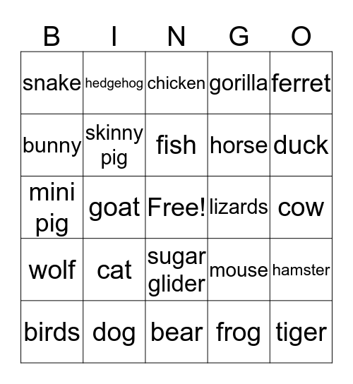 animals  Bingo Card