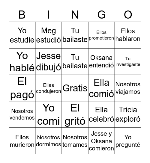 Verbos Pasados y Pronombres Bingo Card