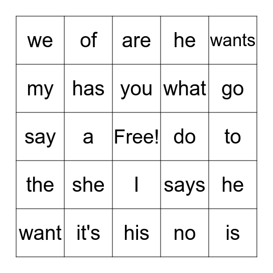 Sight Words Bingo 1A Bingo Card