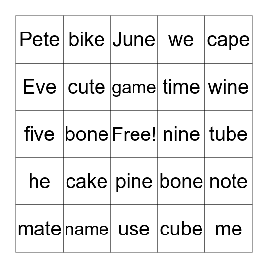 Silent e Bingo Card