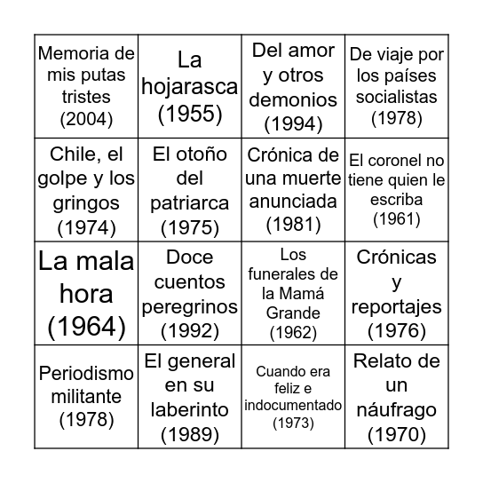 García Marquez Bingo Card